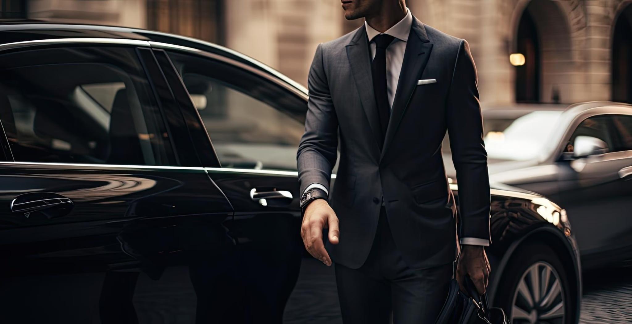 Professional chauffeur in elegant dark suit standing confidently beside fleet of luxury black sedans in upscale urban setting
